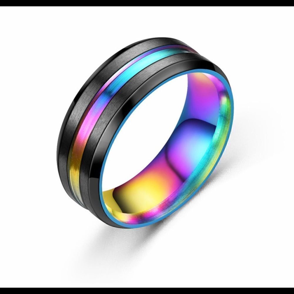 Wedding Band, Size 8 Black Titanium Ring w/ Multi-colored Stripe